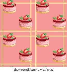 Seamless cute pattern with pixel cakes. Abstract appetizing food illustrations for video games, stickers, greeting card, print on fabric or background for presentation. EPS 10
