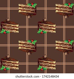 Seamless cute pattern with pixel cakes. Abstract appetizing food illustrations for video games, stickers, greeting card, print on fabric or background for presentation. EPS 10

