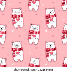 Seamless cute pattern, polar bear, hearts, lover, valentine, bear in a scarf, winter, valentines day. Vector illustration for children.