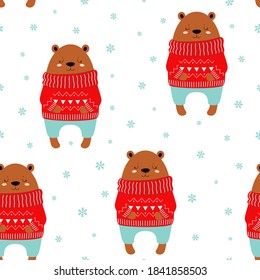 seamless cute pattern with polar bear, snow, snowflakes, winter print with bear in sweater, vector illustration for children