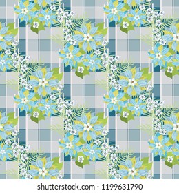 Seamless cute pattern in pretty flowers. Composite overlay. Floral arrangements on tartan background. For textile, wallpaper, covers, surface, print, gift wrap, scrapbooking, decoupage.