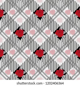 Seamless cute pattern in pretty flowers. Composite overlay. Floral arrangements on tartan background. For textile, wallpaper, covers, surface, print, gift wrap, scrapbooking, decoupage. Trendy 2019