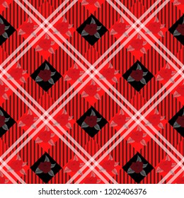 Seamless cute pattern in pretty flowers. Composite overlay. Floral arrangements on tartan background. For textile, wallpaper, covers, surface, print, gift wrap, scrapbooking, decoupage. Trendy 2019