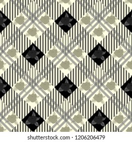 Seamless cute pattern in pretty flowers. Composite overlay. Floral arrangements on tartan background. For textile, wallpaper, covers, surface, print, gift wrap, scrapbooking, decoupage Trendy 2019