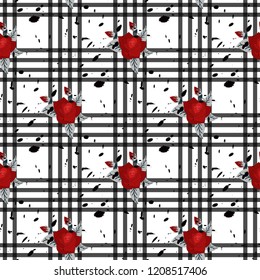 Seamless cute pattern in pretty flowers. Composite overlay. Floral arrangements on tartan background. For textile, wallpaper, covers, surface, print, gift wrap, scrapbooking decoupage eps10
