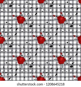 Seamless cute pattern in pretty flowers. Composite overlay. Floral arrangements on tartan background. For textile, wallpaper, covers, surface, print, gift wrap, scrapbooking, decoupage.