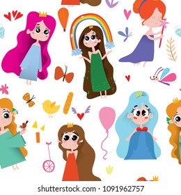 Seamless cute pattern with princess on white background.Magic background can be used for wallpapers, pattern fills, surface textures.