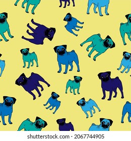 Seamless cute pattern of pug dog on beige background
