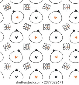 Seamless cute pattern with pumpkin silhouette with eyes hearts. Text boo. Happy halloween  for kids for wrapping, invitation, print, fabric