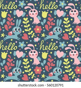 Seamless cute pattern with rabbit, hare, with wings, flowers, hearts and hello, cartoon, textile, valentine's day