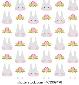 Seamless cute pattern with rabbits and flowers. Wrapping for decorating postcards, backgrounds, packages. Pastel colors. White background.