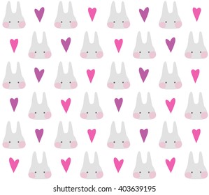 Seamless cute pattern with rabbits and hearts. Wrapping for decorating postcards, backgrounds, packages. Pastel pink, violet colors. White background.