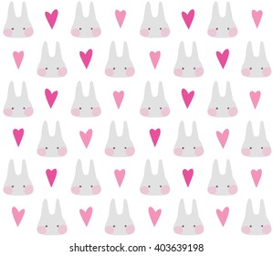 Seamless cute pattern with rabbits and hearts. Wrapping for decorating postcards, backgrounds, packages. Pastel pink colors. White background.