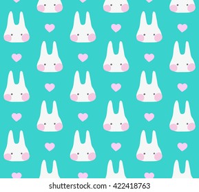 Seamless cute pattern with rabbits and and hearts Wrapping for decorating postcards, backgrounds, packages. Turquoise background.
