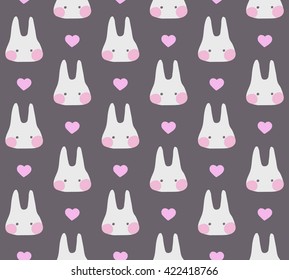 Seamless cute pattern with rabbits and and hearts Wrapping for decorating postcards, backgrounds, packages. Dark gray background.