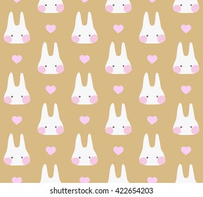 Seamless cute pattern with rabbits and hearts. Wrapping for decorating postcards, backgrounds, packages. Pastel colors. Beige background.

