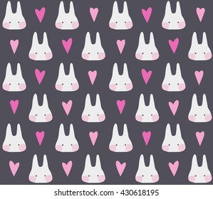 Seamless cute pattern with rabbits and hearts. Wrapping for decorating postcards, backgrounds, packages. Pastel colors. Dark gray background.