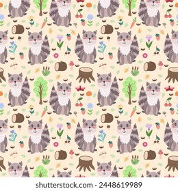 Seamless cute pattern with raccoon and forest elements - log, flowers, trees, mushrooms, insects. Flat style children's vector