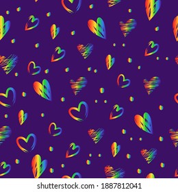 Seamless cute pattern with rainbow hand-drawn hearts on a violet background for Valentine's Day. Vector flat illustration in lgbt colors