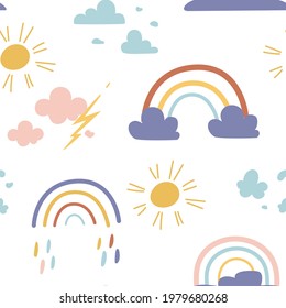 Seamless cute pattern with rainbows and celestial elements. Perfect for kids fabric, textile, nursery wallpaper