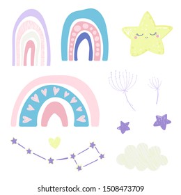 Seamless cute pattern with  rainbows, hearts and stars .Creative childish scandinavian  texture for fabric, wallpaper, clothes, swaddles, apparel, planner, sticker. Vector illustration.