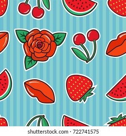 Seamless cute pattern with rose, cherry, strawberry, lips and watermelon on green background. Fashion patches and stickers. Vector illustration.