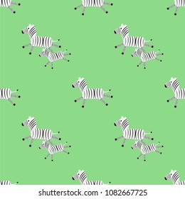Seamless cute pattern with running zebras and foals on a green background
 Vector background for kids. Baby print.