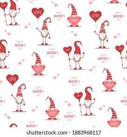 Seamless cute pattern with scandinavian gnomes. Happy Valentines day. Vector illustration in flat cartoon style. Nordic design for postcard, print, textile, wrapping paper, poster, wallpaper.