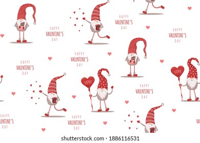 Seamless cute pattern with scandinavian gnomes. Happy Valentines day. Vector illustration in flat cartoon style. Nordic design for postcard, print, textile, wrapping paper, poster, wallpaper.