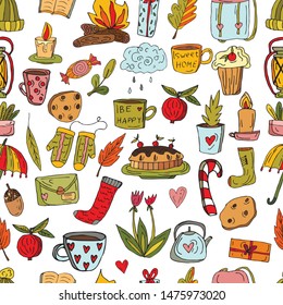 Seamless cute pattern in Scandinavian style. Cherry pie, knitted hat, cup with silver eggs, teapot, flowers and a vintage lantern and more on a white background. Collection of elements hand drawn