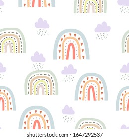 Seamless cute pattern in scandinavian style for kids, children. Rainbow and hearts stars background. Nordic style for fabric, wallpaper, clothes, swaddles, apparel, planner, sticker
