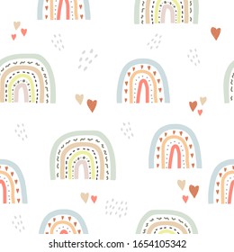 Seamless cute pattern in scandinavian style for kids, children. Rainbow and hearts stars background. Nordic style for fabric, wallpaper, clothes, swaddles, apparel, planner, sticker