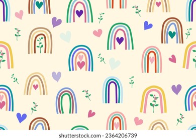 Seamless cute pattern in scandinavian style for kids, children. Rainbow and hearts stars background. Nordic style for fabric, wallpaper, clothes, swaddles, apparel, planner, sticker