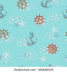 Seamless cute pattern with sea anchors and a marine helm on a blue background. For decorating textiles, packaging. Vector illustration.