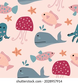 Patrón lindo e incomparable con criaturas marinas con peces, medusas, delfines, pez estrella. Y un calamar nadando en el mar. El mundo submarino del vector.