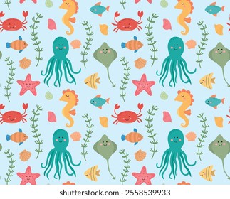 Seamless cute pattern with sea underwater characters. Colorful background with ocean animals, shells and plants.