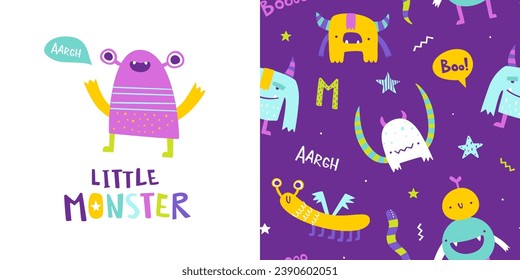 Seamless cute pattern set with little monsters for baby. Abstract vector print with stylized monsters for kids textile.