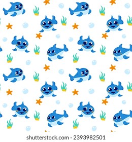 Seamless cute pattern with shark underwater world