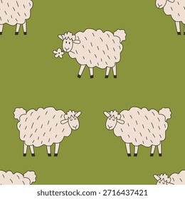 Seamless cute pattern of sheep on green background.Endless simple children ornament.Backdrop for fabric,textile,linen,covers,wrapping.Vector