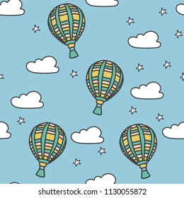 Seamless cute pattern with sky, clouds, stars and balloons. Colorful children's pattern, drawn by hand.
