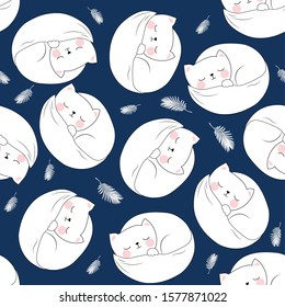 Seamless cute pattern with sleeping kitten.Magical dreams.Vector illustration.