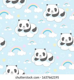 Seamless cute pattern with sleeping panda.Magical dreams.Vector illustration.