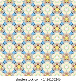 Seamless cute pattern of small flowers in yellow, blue and beige colors. Vector floral simple background for textile, covers, manufacturing, wallpapers, print, gift wrap and scrapbooking.