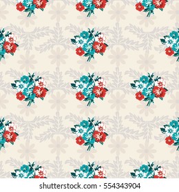 Seamless cute pattern of small flowers.  Floral simple diagonal background for textile or book covers, manufacturing, wallpapers, print, gift wrap and scrapbooking. Trendy colors millefleurs.