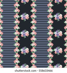 Seamless cute pattern of small flowers. Floral simple stpiped seamless background for textile or book covers, manufacturing, wallpapers, print, gift wrap and scrapbooking. Trendy colors millefleurs.