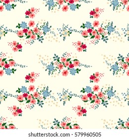 Seamless cute pattern of small flowers. Floral simple diagonal background for textile or book covers, manufacturing, wallpapers, print, gift wrap and scrapbooking. Trendy vintage colors millefleurs.