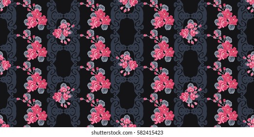 Seamless cute pattern of small flowers. Summer millefleurs. Floral simple striped seamless black background for textile or book covers, manufacturing, wallpapers, print, gift wrap and scrapbooking. 