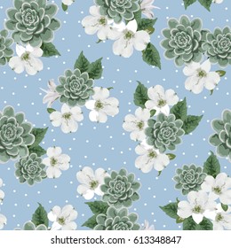 Seamless cute pattern with spring flowers and succulent. Floral background for textile or book covers, manufacturing, wallpapers, print and gift wrap.