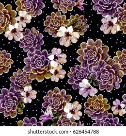 Seamless cute pattern with spring flowers and succulent. Floral background for textile or book covers, manufacturing, wallpapers, print and gift wrap.