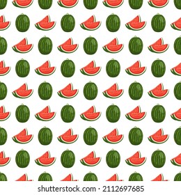 Seamless cute pattern with striped watermelons. Summer print sweetness, juicy food on white background. Vector flat illustration